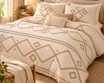 Beige Tufted Cotton Duvet Cover, Geometric Boho Bedding Set