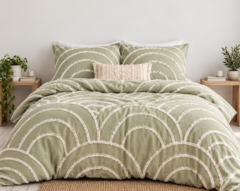Sage Green Tufted Duvet Cover Set, Boho Arch Bedding, Cotton Bedding, Luxury Bedroom Decor
