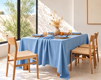 Sky Blue Cotton Tablecloth, Soft Farmhouse Dining Cover, Washable Kitchen Linen