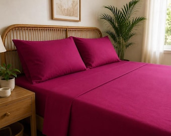 Cotton Fitted Sheet Set, Dark Magenta 4 PCS with Deep Pockets
