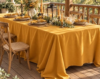 Mustard Yellow Cotton Tablecloth, Farmhouse Dining Linen, Handmade Table Cover
