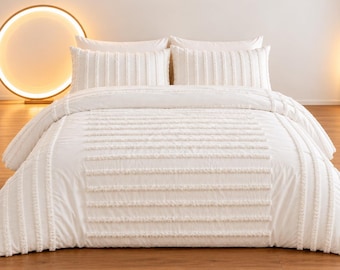 Luxury White Tufted Duvet Cover Set, Textured Cotton Bedding, Modern Boho Bedroom Decor, Handmade