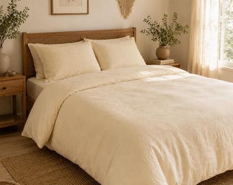 Linen Cover Set, Butter Cream Washed Bedding with Two Pillow Shams