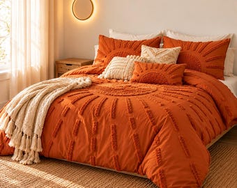 Burnt Orange Boho Duvet Cover Set, Tufted Cotton Bedding set with match pillow case