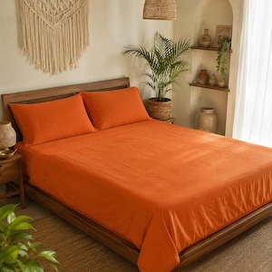 Orange Washed Linen Bedding Set, 4-Piece Luxury Collection for Boho Bedrooms
