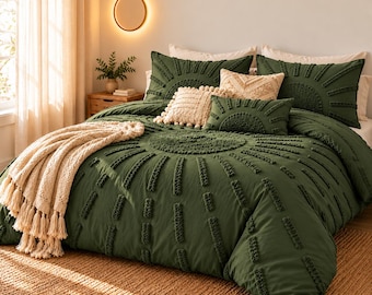 Deep Forest Green Tufted Duvet Cover Set Boho Luxury Bedding Handmade Bedroom Decor Gift