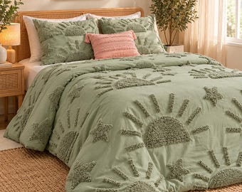 Sage Green Tufted Duvet Cover, Handmade Cotton Bedding, Comforter Cover in Zipper Closure