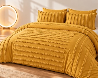 Mustard Yellow Tufted Cotton Duvet Cover, Boho Textured Bedding Set