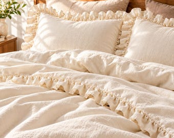 Cream Linen Duvet Cover Set, Ruffled Bedding, Boho Bedroom Decor Handmade