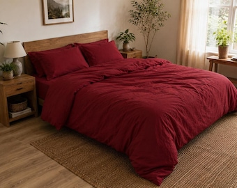 Red Linen Duvet Cover Set, Soft Washed Farmhouse Bedding