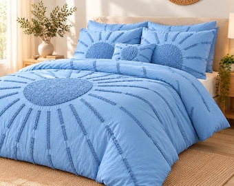 Sky Blue Tufted Duvet Cover, Boho Bedding Set, Cotton Bed Cover in Zipper Closure