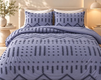 Handmade Tufted Duvet Cover Set, Blue Lavender Geometric Boho Bedding