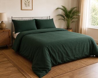 Emerald Green Soft Washed Linen Duvet Cover Set, Minimalist Farmhouse Bedding