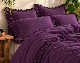 Deep Plum Linen Duvet Cover Set, Ruffled Bedding, Boho Bedroom Decor, Natural Flax Linen