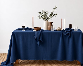 Navy Blue Cotton Tablecloth, Farmhouse Dining Cover, Washable Kitchen Linen