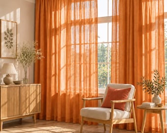 Transparenta gardiner i terrakottalinne, bohemiska vardagsrumsgardiner, paneler i anpassad storlek