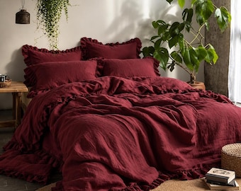 Burgundy Duvet Cover Set, 100% Linen Ruffle Edge Bedding