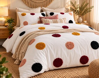 White Cotton Duvet Cover Set, Colorful Tufted Circles Bedding Set in Zipper Closure