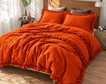 Orange Linen Duvet Cover Set, Ruffled Bedding in Zipper Closure with matching pillowcase