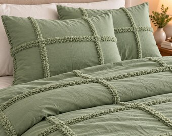 Sage Green Tufted Duvet Cover, Cotton Bedding Set, Boho Bed Cover, Handmade Bedroom Decor