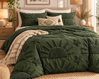 Dark Green Boho Duvet Cover Set, Tufted Cotton Bedding, Luxury Handmade Bedroom Decor