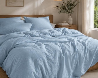 Soft Linen Bedding, Sky Blue Washed Duvet Cover Set