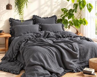 Charcoal Gray Linen Duvet Cover Set, Ruffled Bedding, Boho Bedroom Decor