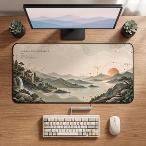 Puede incluir: Una alfombrilla de escritorio rectangular con una ilustración de paisaje que muestra montañas, una cascada y una puesta de sol. El texto dice LOCALHOST BIOPHILIC, GROW QUIETLY, BUILD BEAUTIFULLY, localhost y 127.0.0.1. La paleta de colores incluye tonos beige, marrón y verde.