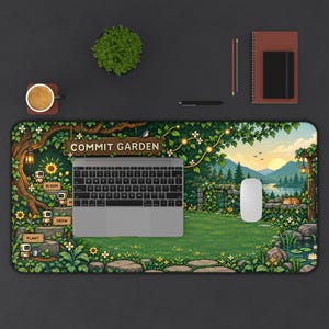 Commit Garden bureauonderlegger, Git programmeursmuismat, pixel art codeerwerkplek, cadeau voor software-engineers afbeelding 6