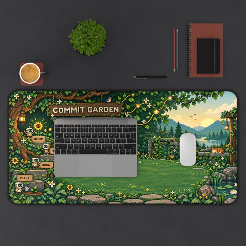Commit Garden bureauonderlegger, Git programmeursmuismat, pixel art codeerwerkplek, cadeau voor software-engineers afbeelding 6