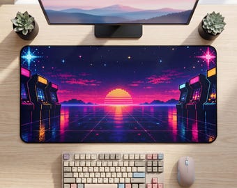 レトロアーケードデスクマット、シンセウェーブネオンゲーミングマウスパッド、ヴェイパーウェーブ80年代アーケードキーボードマット、ゲーマーデスクデコレーション