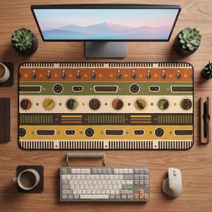 May include: A rectangular desk mat featuring a retro-inspired graphic print of electronic interface components, including toggle switches, circular knobs, and various input ports arranged in horizontal bands of orange, green, and yellow.