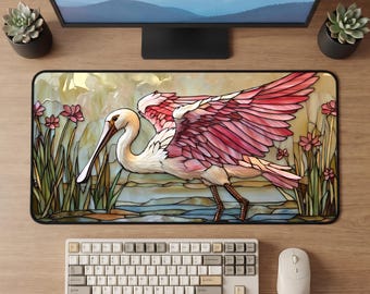 Stained Glass roseate Spoonbill Desk Mat | Pink Heron Art Mouse Pad