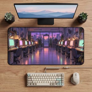 May include: A rectangular desk mat featuring a printed illustration of a retro computer lab with rows of vintage monitors and office chairs at sunset. The mat is positioned on a wooden desk below a computer monitor, a mechanical keyboard, and a mouse.
