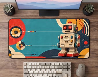 レトロロボットデスクマット、ミッドセンチュリーSFマウスパッド、ヴィンテージフューチャリズムロボットキーボードマット、アトミックエイジデスクデコレーション
