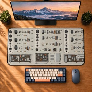 May include: A rectangular desk mat featuring a technical schematic print of electronic components, including knobs, switches, and circuit boards in shades of gray, beige, and copper, positioned beneath a computer monitor.