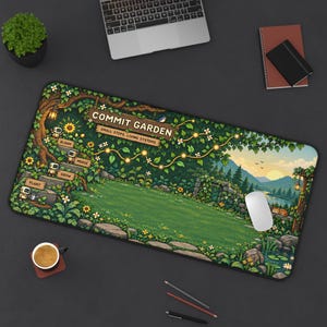 Commit Garden bureauonderlegger, Git programmeursmuismat, pixel art codeerwerkplek, cadeau voor software-engineers afbeelding 8