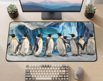 Bureauonderlegger met pinguïns van gebrandschilderd glas | Arctisch tafereel in ijsbergblauw