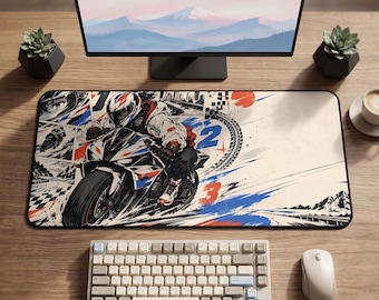 Racing Motorcycle Rider Desk Mat | Sportbike Track Illustration