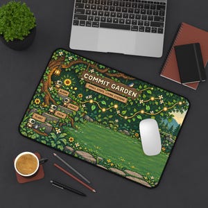 Commit Garden bureauonderlegger, Git programmeursmuismat, pixel art codeerwerkplek, cadeau voor software-engineers afbeelding 7