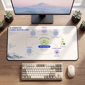 Può includere: Un tappetino da scrivania rettangolare con un diagramma del ciclo di revisione del codice assistito dall'IA. Il grafico include passaggi come Specify, Generate, Inspect, Test, Security Review e Document, centrati su un'icona Human Approve.