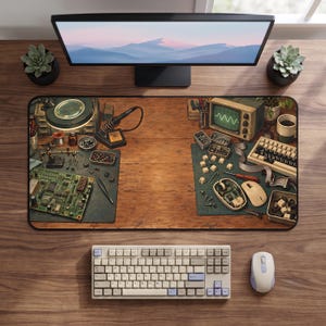 May include: A rectangular desk mat featuring a detailed illustration of a cluttered electronics workbench. The design includes a circuit board, soldering iron, magnifying lamp, vintage oscilloscope, computer mouse components, and various small tools.