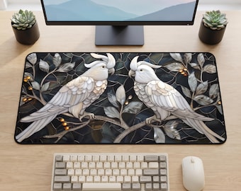 White Cockatoo Illustration Desk Mat | Tropical Bird Mouse Pad
