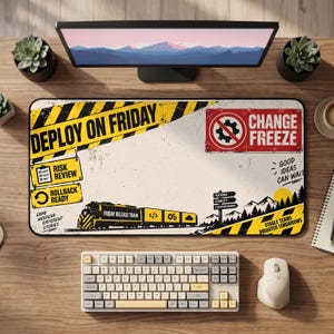 Op de afbeelding: Een rechthoekige bureaumat met een grafisch ontwerp met gele en zwarte waarschuwingsstrepen, een trein met het label Friday Release Train en tekst waaronder Deploy on Friday, Change Freeze, Risk Review, Rollback Ready en Good Ideas Can Wait.