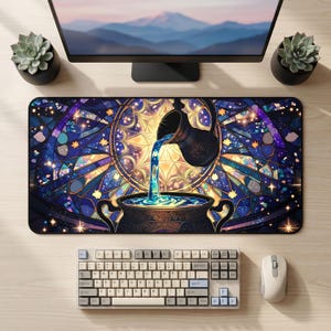 Aquarius Zodiac Desk Mat, Celestial Stained Glass Mouse Pad, Water Bearer Astrology Desk Pad