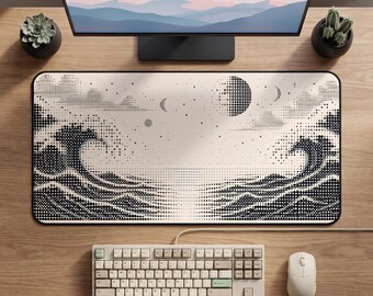 天体の波のイラスト入りデスクマット | 海の月デスクトップマット