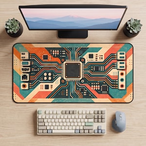 Retro Circuit Board Desk Mat, Vintage PCB Mouse Pad, Mid Century Computer Tech Keyboard Mat, Programmer Desk Decor