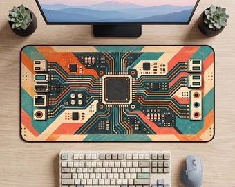 レトロな回路基板デスクマット、ビンテージPCBマウスパッド、ミッドセンチュリーコンピュータテックキーボードマット、プログラマーデスク装飾