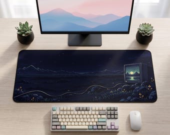 レトロCRT風景デスクマット、ピクセルアートコンピューターマウスパッド、シンセウェーブナイトレトロゲーミングデスクデコレーション