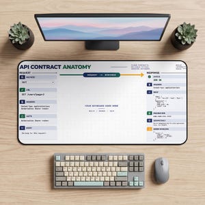 Könnte beinhalten: Eine rechteckige Schreibtischunterlage mit einem API-Vertragsanatomie-Diagramm mit Anfrage- und Antwortabschnitten, einschließlich technischer Felder wie Methode, URL, Header, Auth, Body, Status und Paginierung. Der mittlere Text lautet YOUR KEYBOARD GOES HERE.